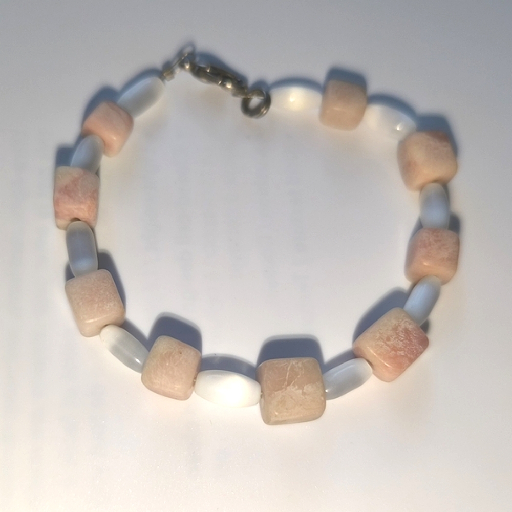 Pink Rhodochrosite And White Bead Bracelet